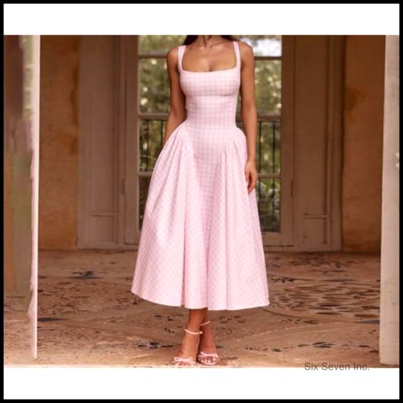 Long Gingham Corset Sundress Square Neck Lace Up Backless A Line Casual - Picture 2 of 7